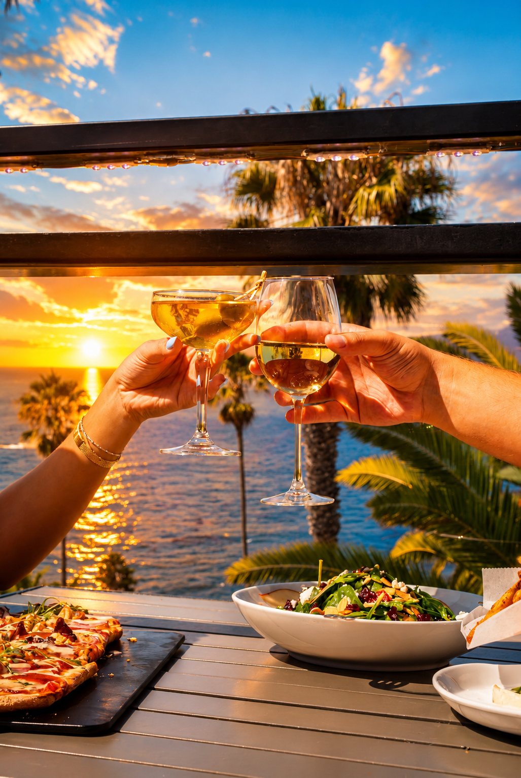 Craft cocktails toasted at sunset over the Pacific Ocean on a La Jolla rooftop