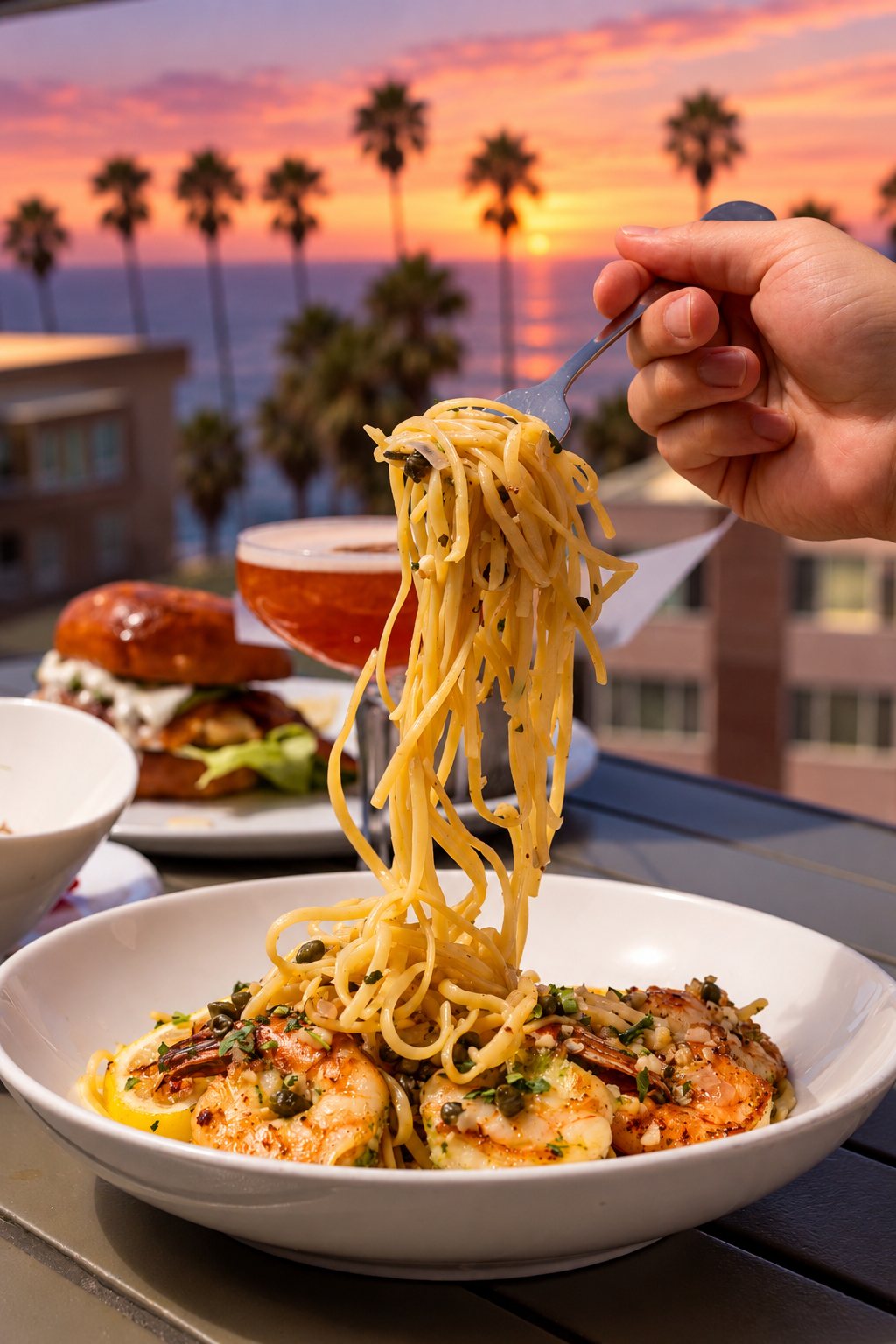 Shrimp linguine at sunset on an ocean-view rooftop in La Jolla